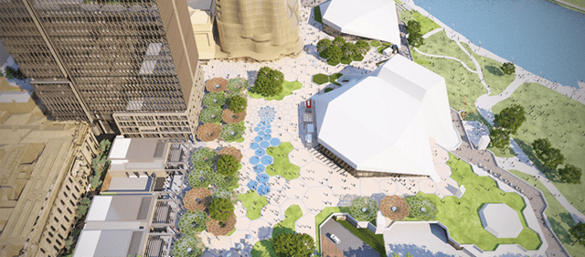 Artists impression of overhead view of Adelaide Riverbank Precinct